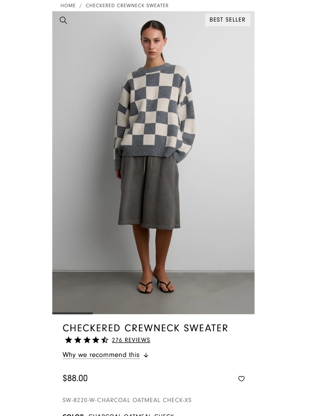 Oak and Fort Checkered Sweater in Charcoal & Oatmeal tiny mark right arm.